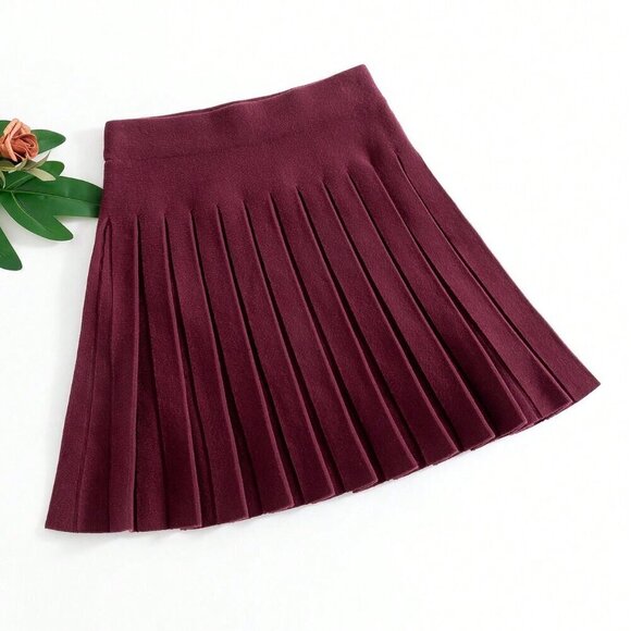Burgundy Casual Women's Pleated Knit Sweater & Mini Skirt Set - Picture 2 of 8